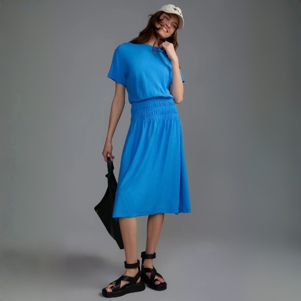 Nation LTD Winslow Shirred T-Shirt Dress in Lapis Blue Pima Cotton Midi Large